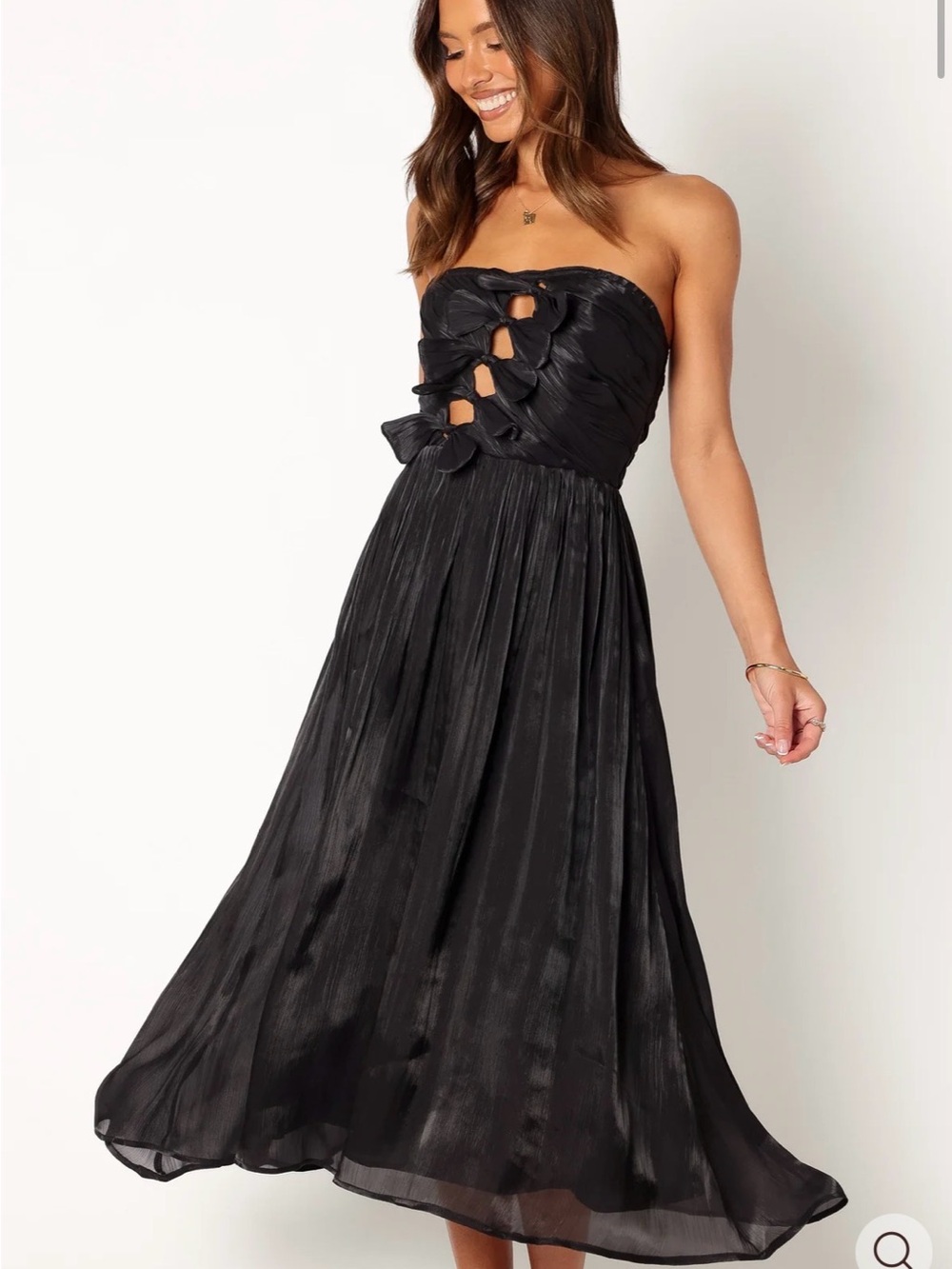 Petal & Pup Black Strapless Midi Dress with Twist Front